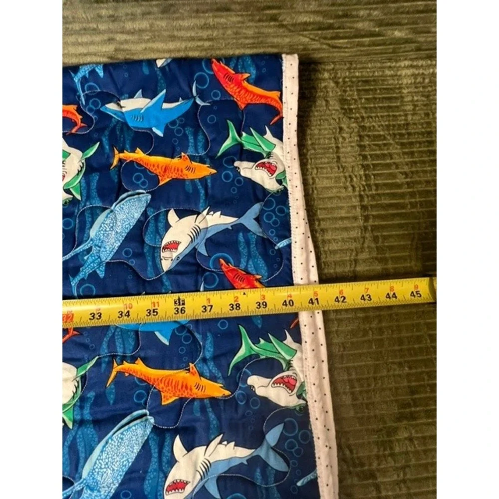 Handmade Shark Print Quilt Navy Blue Gingham Reverse 48x40 Nursery Throw